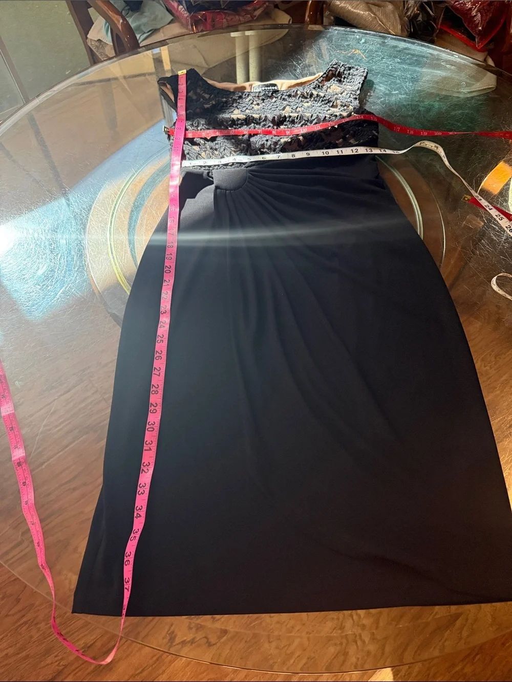 Connected Apparel Black Floral Lace Bodice Slimming Draped Waist Midi Dress Sz 6 - Picture 9 of 9